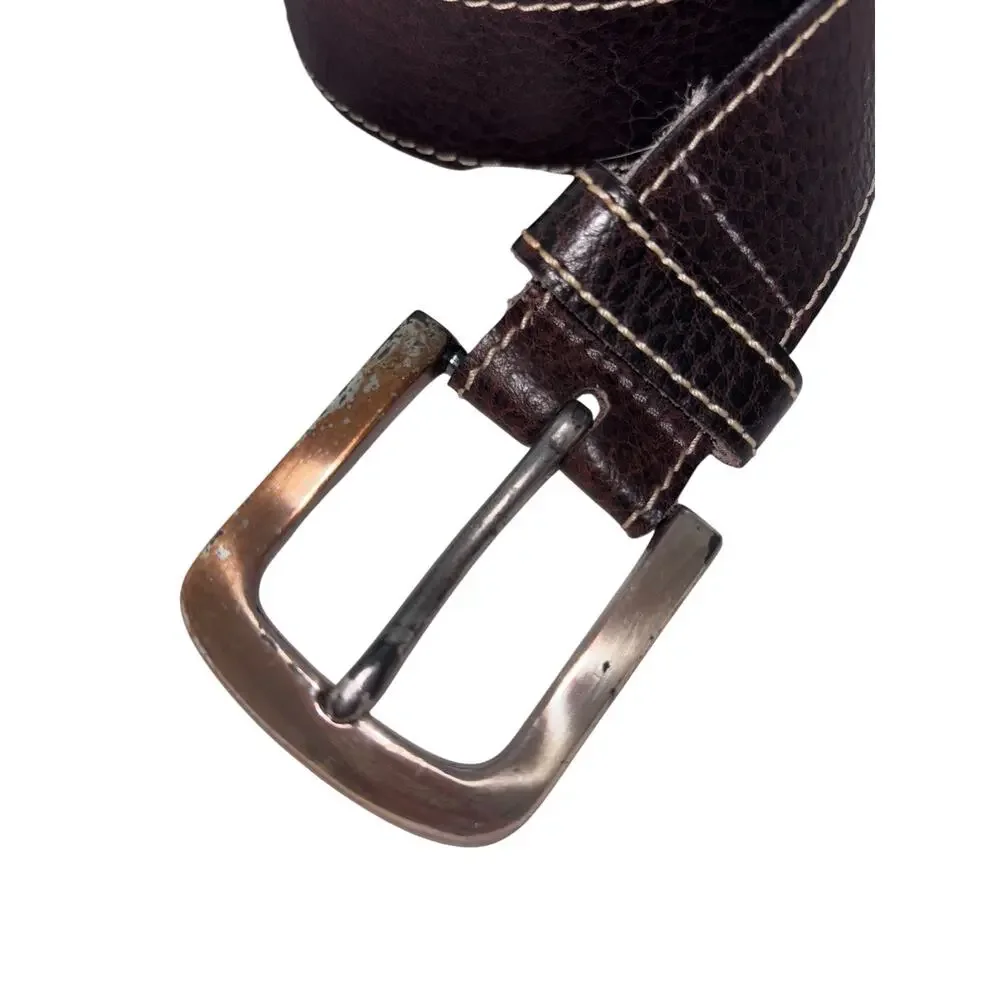 Bass Genuine Leather Belt Size 38 Brown Pebbled ilver Tone Belt Has Wear